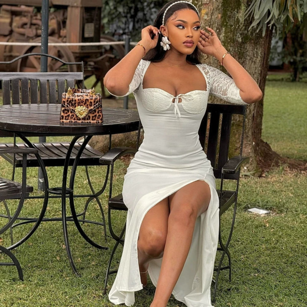 African Inspired Sexy Deep V Lace Up Bodycon Slit Maxi Dress White